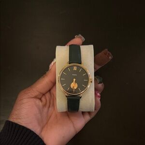 Fossil Gold-Tone Case Black Dial Watch with Green Leather Strap
